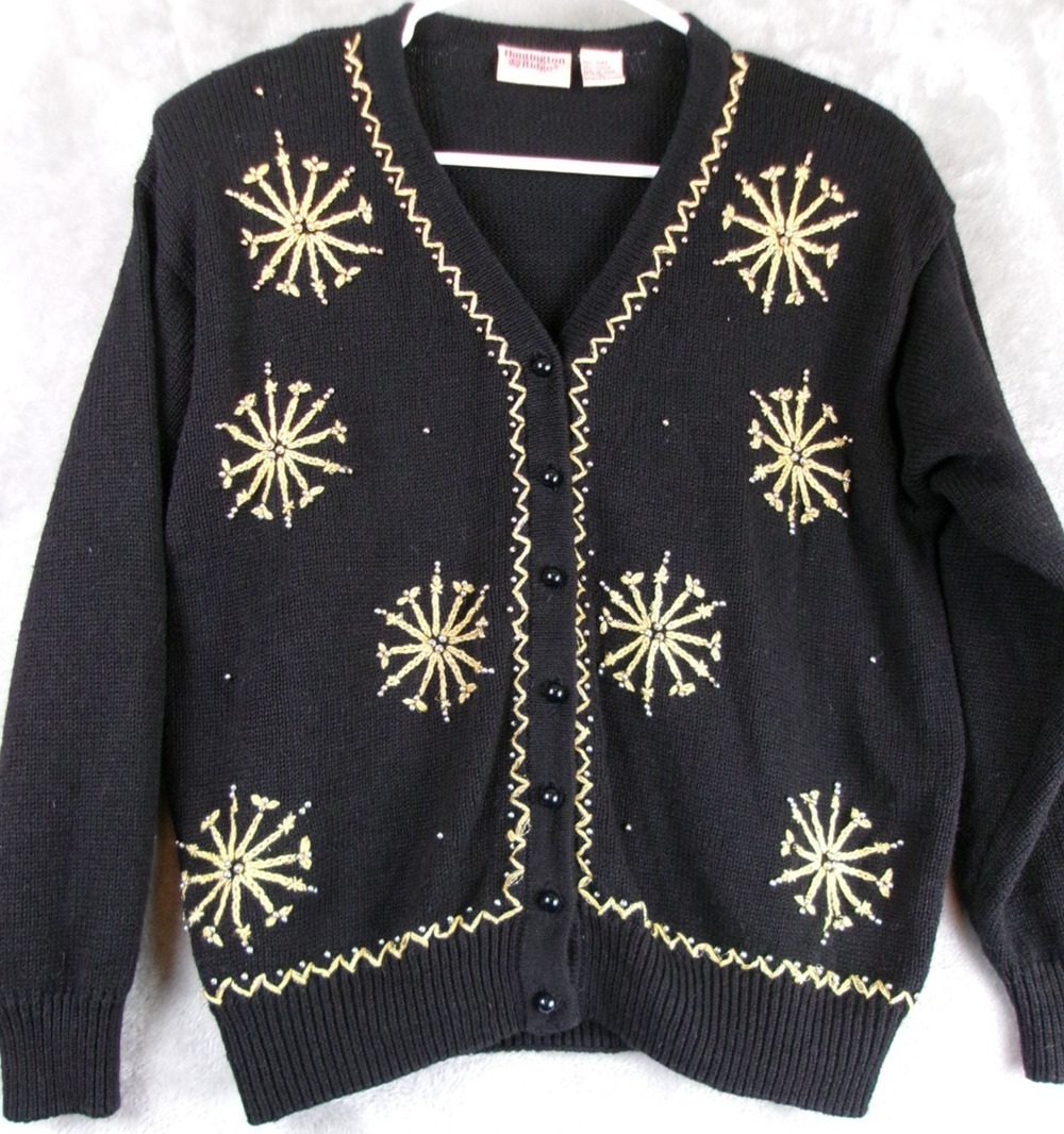 Vintage Huntington Ridge Women's M Black Gold Snowflake Cardigan